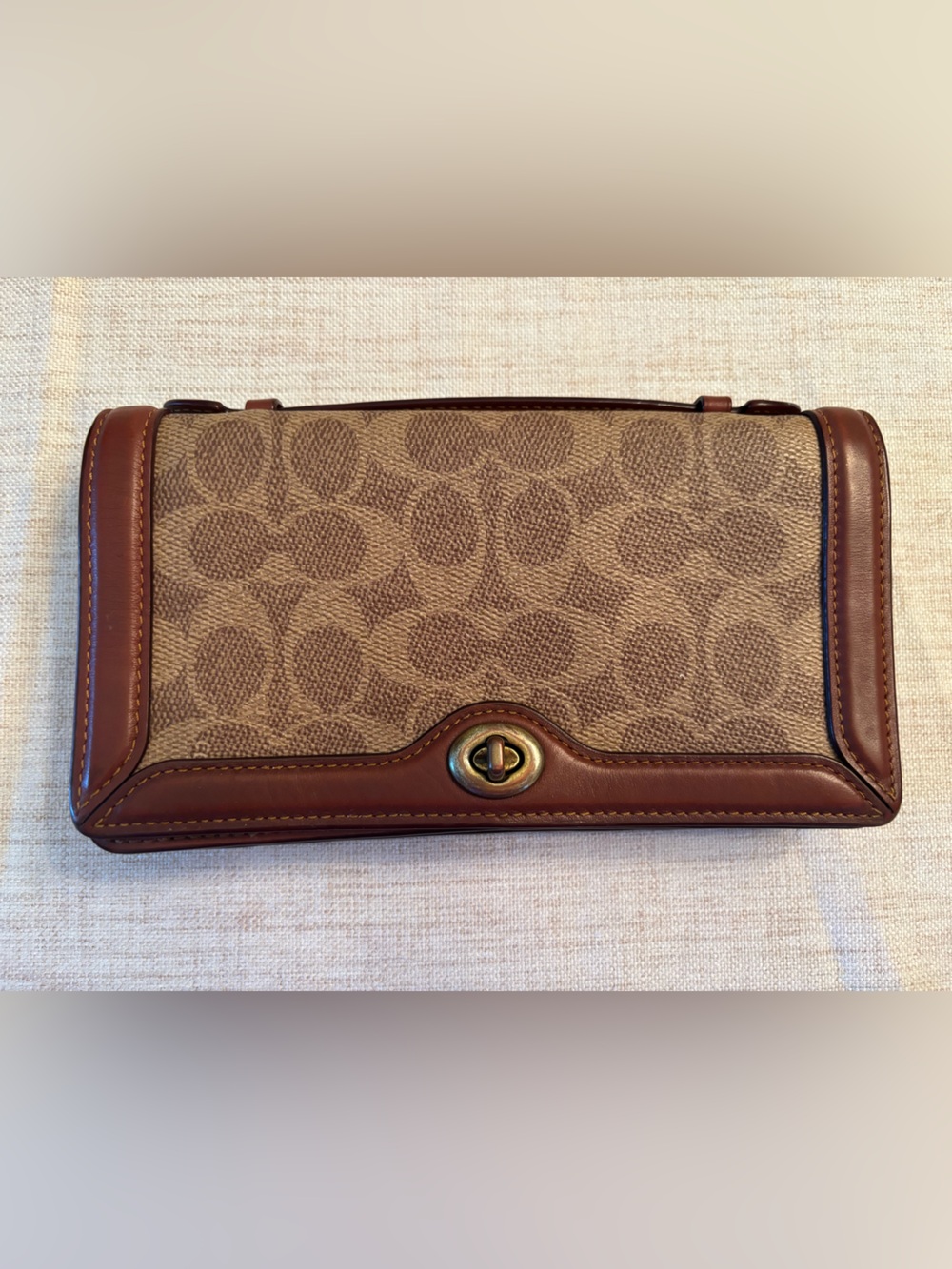 Coach Brown Signature Canvas Turnlock Chain Crossbody